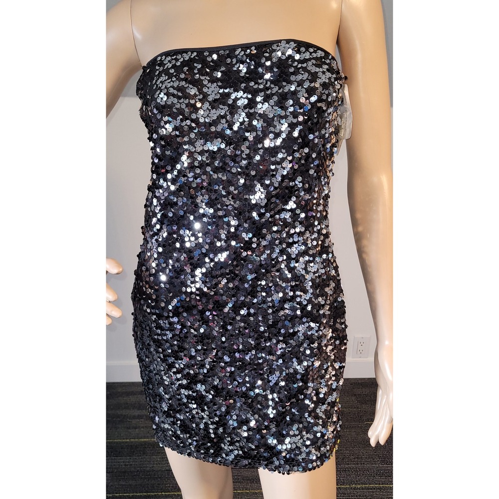 Sexy Women Silver/Black Sequin Strapless  Mini Club Party Cocktail Dress Small‎